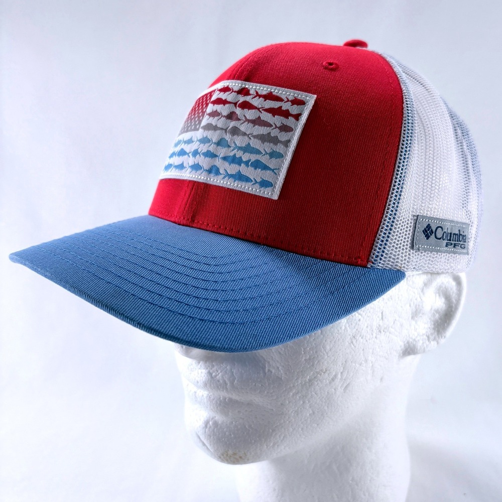 Columbia PFG Red Blue White American Flag Fish Patch Snapback Trucker Hat